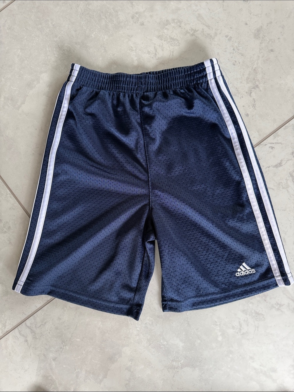 adidas Men’s Navy Athletic Mesh Shorts with White Side Stripes